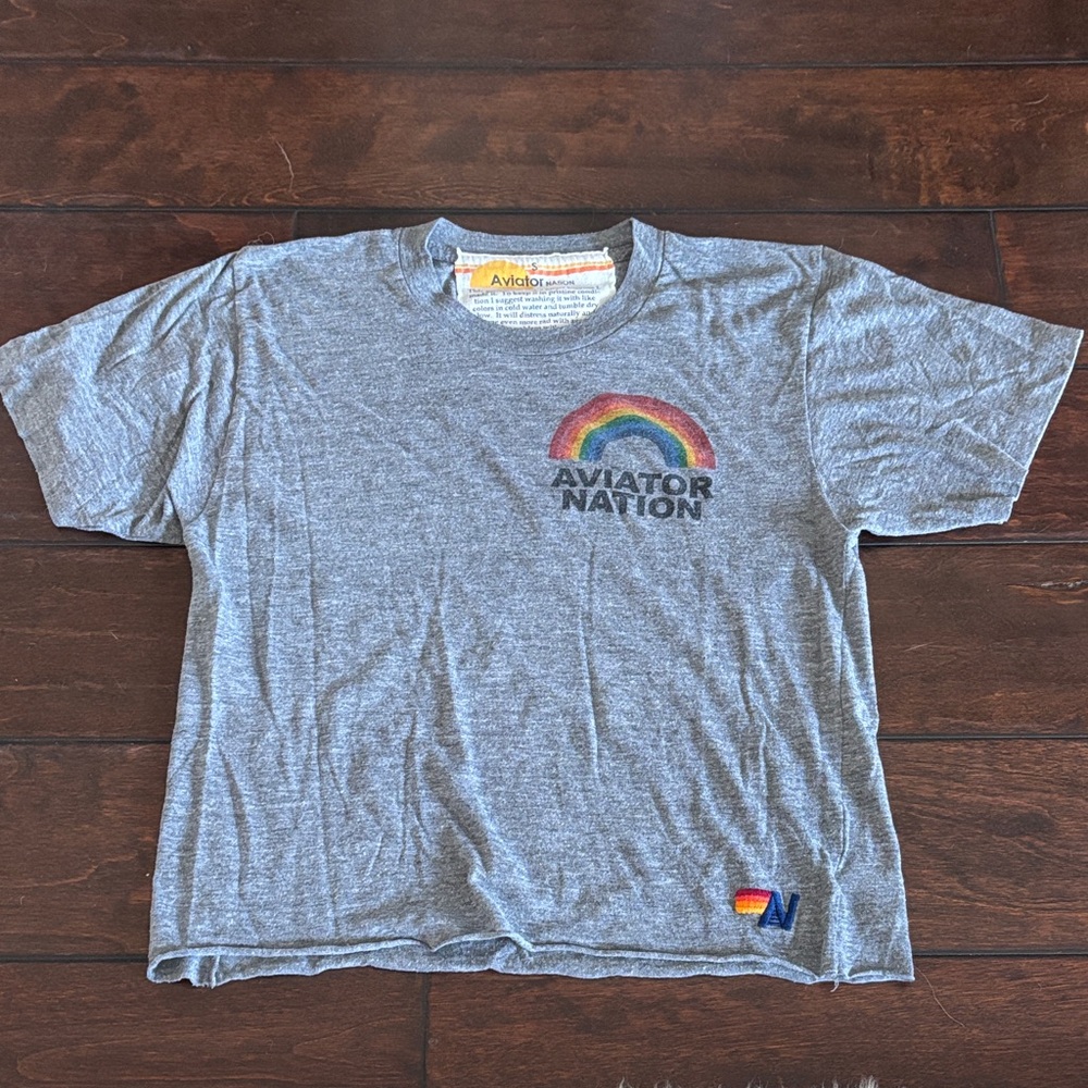 Aviator Nation Heather Gray Tee with Rainbow Logo